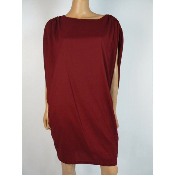 $188 Chequer Brick Red Satin Ruched Dolman Shift Dress 2 Missing Belt NWT C409 - Picture 2 of 7